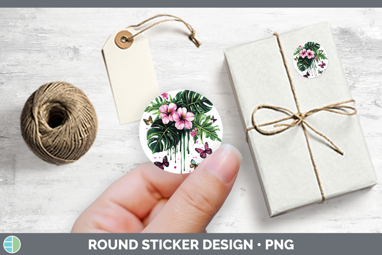 Best Sellers 04 Pink Drips Monstera Stickers | Round Labels