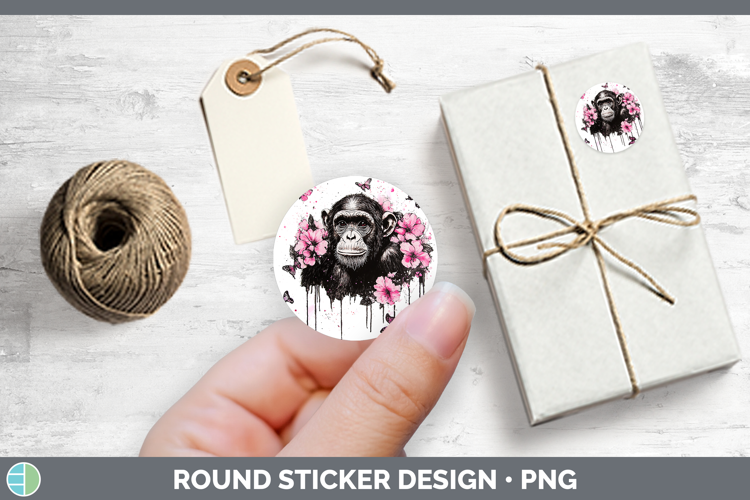 Best Sellers 05 Pink Drips Chimpanzee Stickers | Round Label