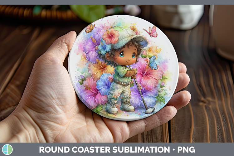 Boy Golfer Round Coaster Best Sellers 06 Rainbow Summer Subl