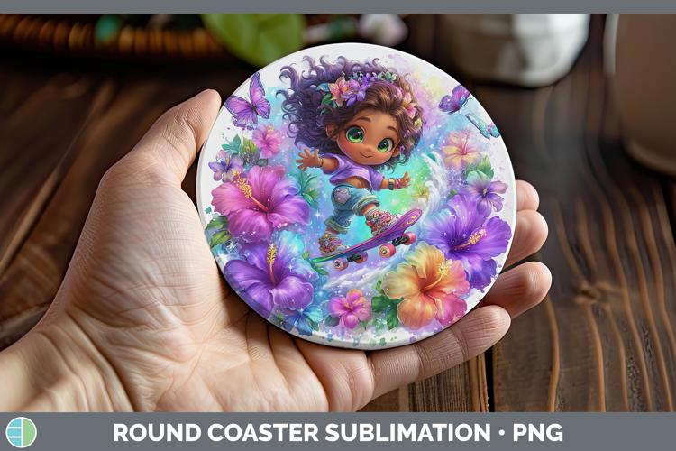 Girl Skateboarder Round Coaster Best Sellers 06 Rainbow Summ