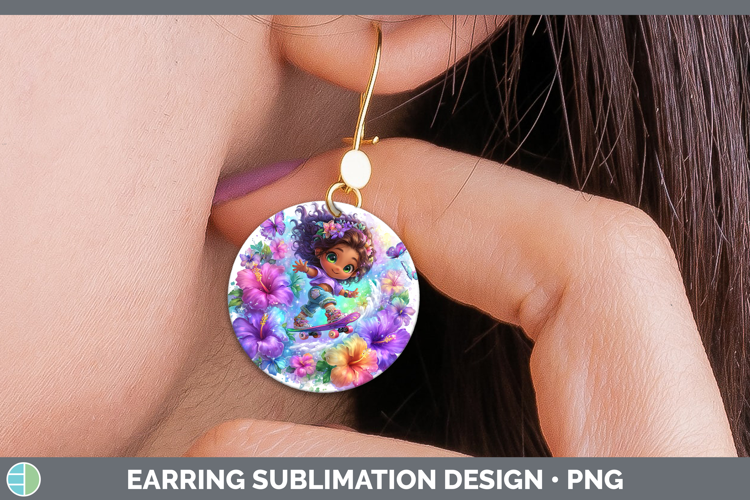 Girl Skateboarder Round Earrings Best Sellers 06 Rainbow Sum