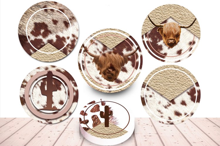 Western Cowhide Car Coaster Design, Car Coaster PNG Bundle example image 1