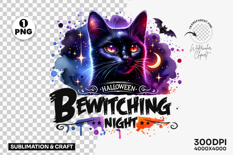 Halloween Bewitching Night Black Cat Moon Stars PNG Clipart