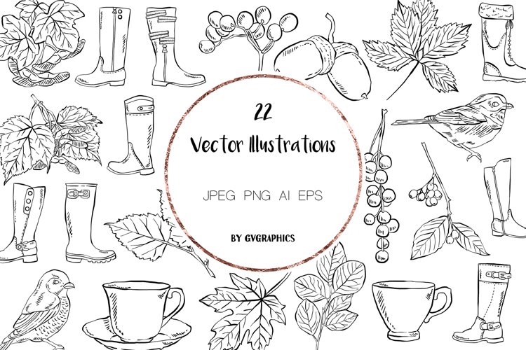 22 Birds, Leaves, Berries, Boots and Tea cups Illustrations example image 1