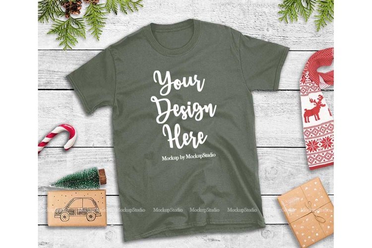 Military Green Christmas Tshirt Mockup Holiday Unisex Tee example image 1