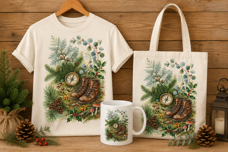 Botanical Hiking Boots and Compass Watercolor Art Print