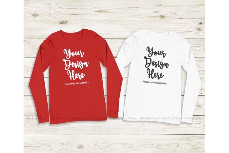 Matching Bella Canvas 3501 White Red Long Sleeve Mockup 408709 Clothing Design Bundles