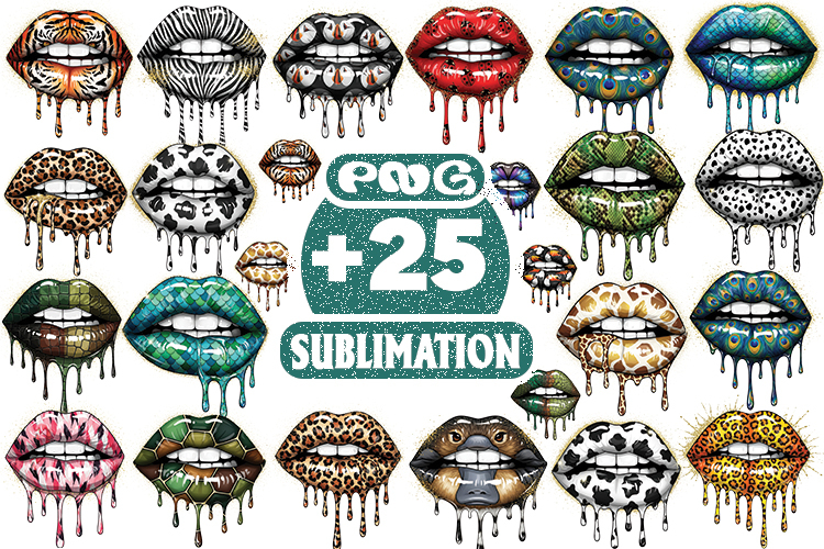 Animal Print Dripping Lips PNG Bundle, Leopard Cheetah Zebra