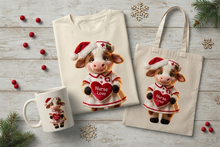 Nurse Love Christmas Cow Plush Holiday Art Print