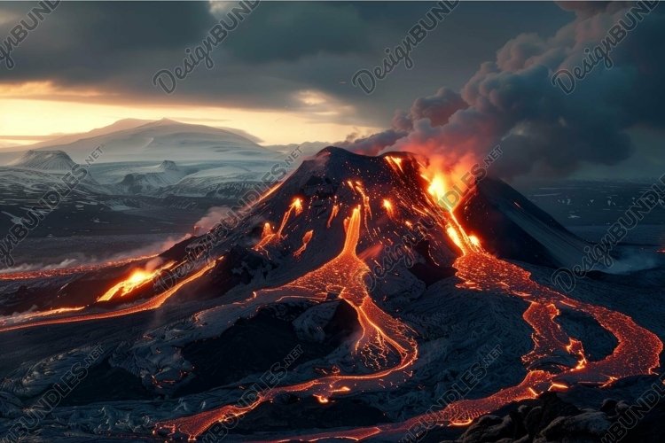 Volcano erupting with lava flowing down sides at sunset