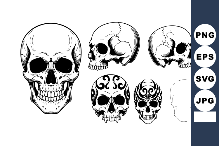 Human skull vector illustration set with tattoo designs in b