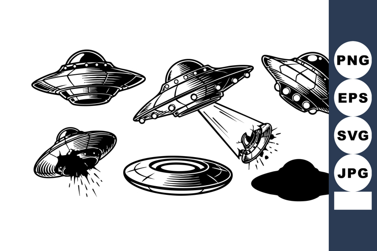 Flying saucers abducting person black and white vector illus