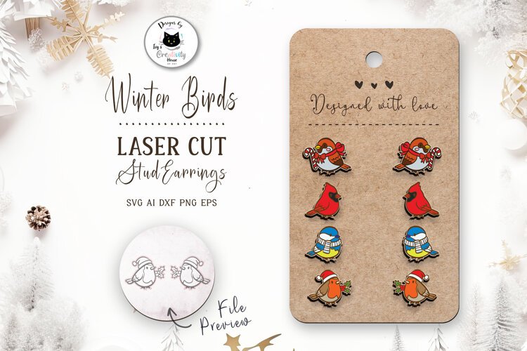 Cute Winter Birds Laser Cut | Christmas Stud Earrings example image 1