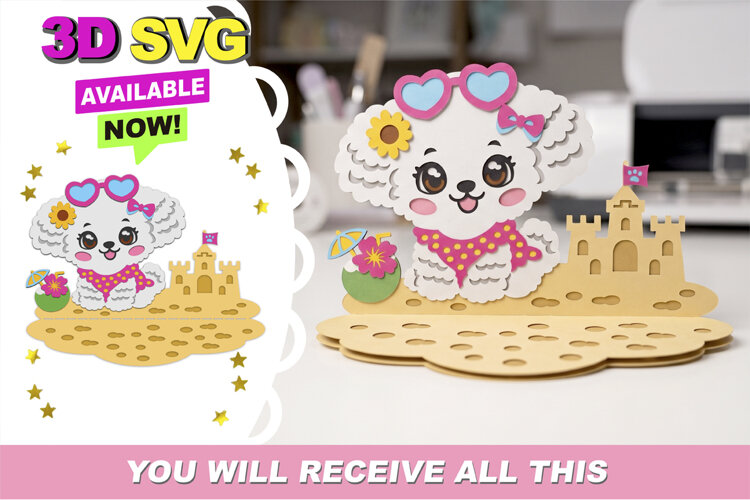 Bichon Puppy Kawaii Summer 3D SVG example image 1