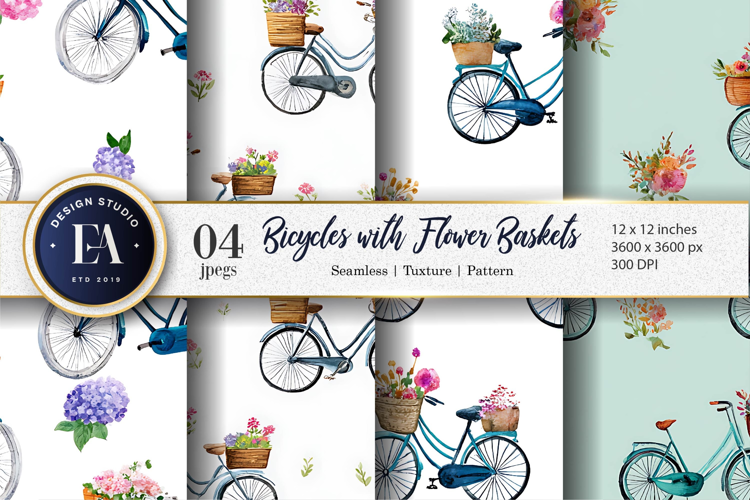 Hand-Painted Bicycles Carrying Fresh Blossoms Digital Paper
