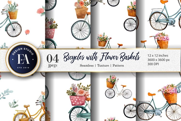 Bicycles with Flower Baskets Watercolor Digital Paper example image 1