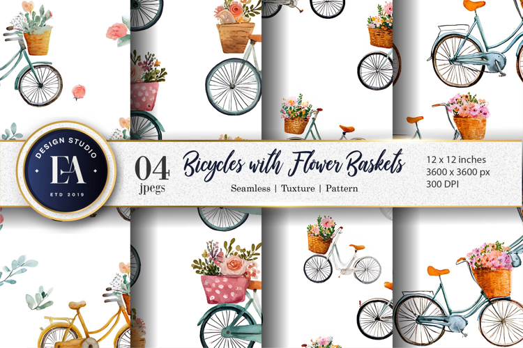 Bicycles with Flower Baskets Watercolor Digital Paper