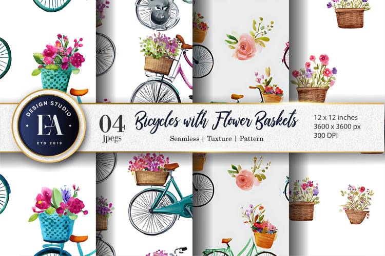 Bicycles with Flower Baskets Watercolor Digital Paper