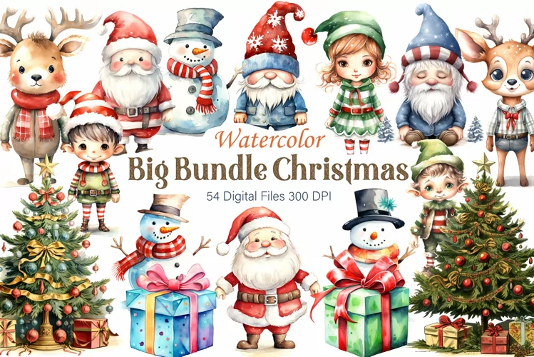Watercolor Christmas characters. PNG.