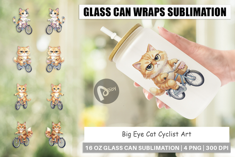 Big Eye Cat Cyclist Art Glass Can