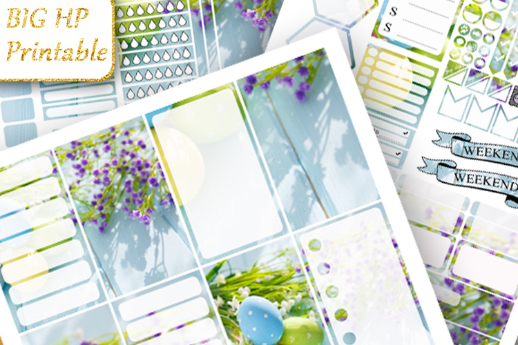 Big Happy Planner Stickers Blue flowers Easter eggs Spring