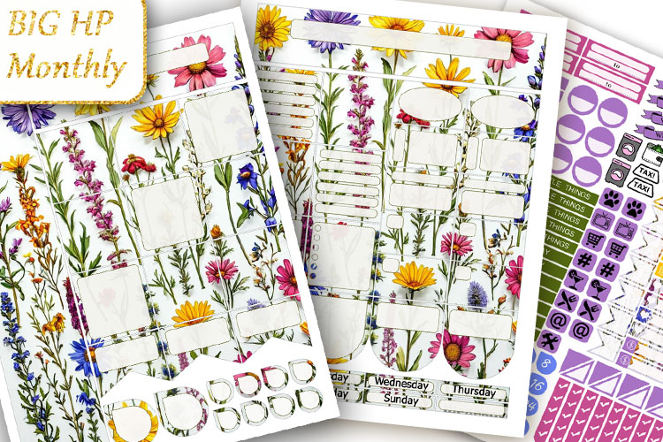Big Monthly Planner Stickers wildflowers floral background