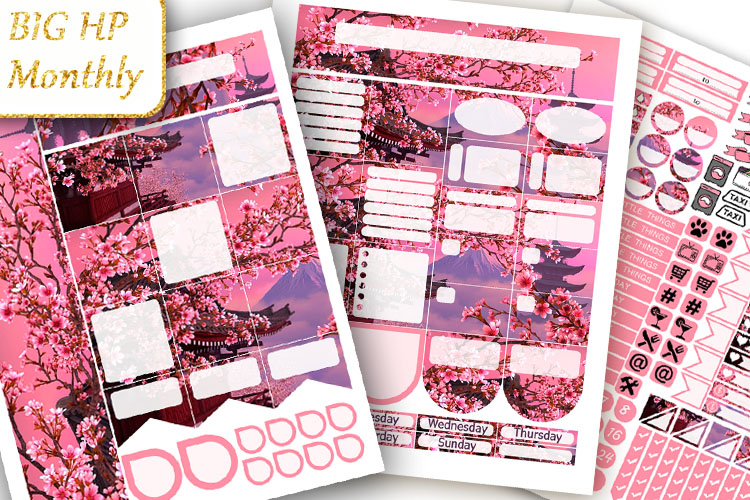 Big Monthly Planner Stickers Sakura flowers Floral background