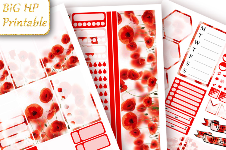 Big Happy Planner Stickers Red poppies print Spring flowers