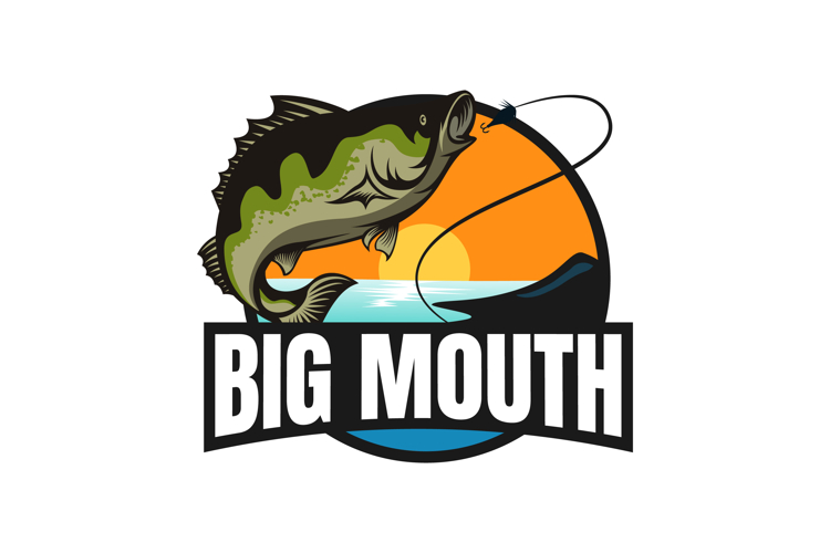 Big Mouth Bass Fishing Logo with Sunset Background