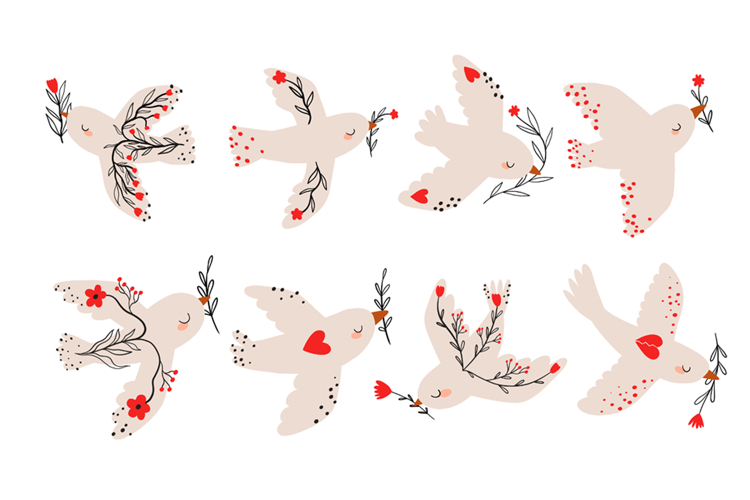 Peace Dove Folk Birds with Floral Branches & Heart