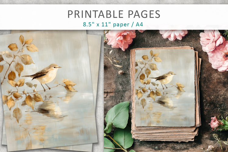 vintage bird junk journal, paint texture art