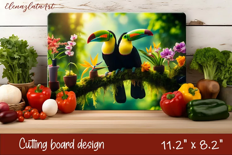 Flowers and tucan Cutting Board Design. Tropical Board