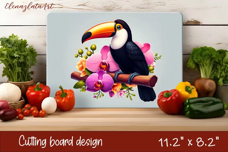 Flowers and tucan Cutting Board Design. Tropical Board