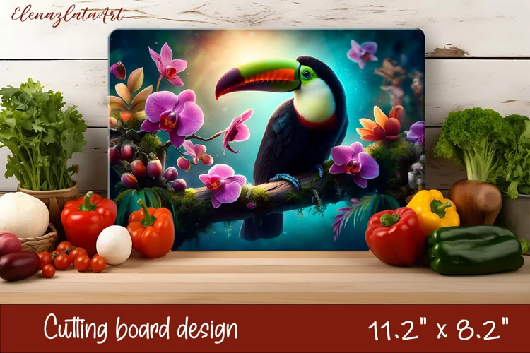 Flowers and tucan Cutting Board Design. Tropical Board