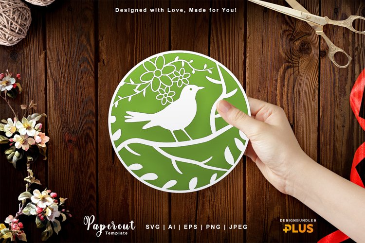 Bird on A Branch with Flowers Round Papercut