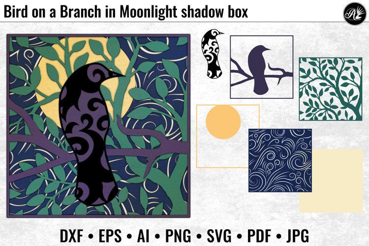 Bird on a Branch in Moonlight shadowbox 3D layered project