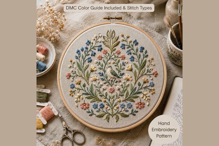Wildflower Bird Hand Embroidery Pattern PDF, Botanical Flora example image 1
