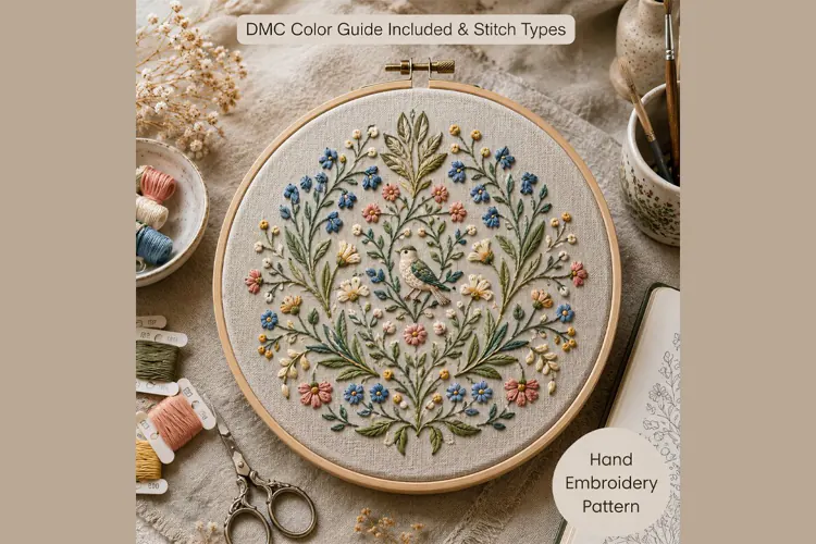 Wildflower Bird Hand Embroidery Pattern PDF, Botanical Flora