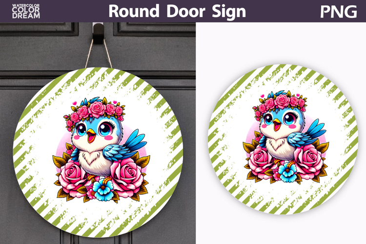 Cute Blue Bird Round Door Sign | Floral Porch Decor