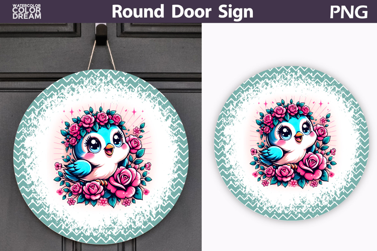 Cute Blue Bird Round Door Sign | Floral Porch Decor
