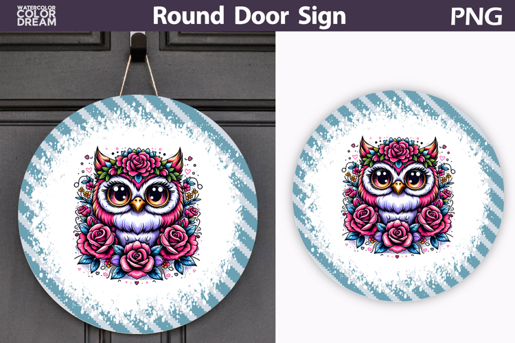 Floral Owl Round Door Sign | Blue Stripe Porch Decor