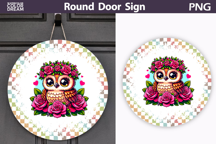 Floral Owl Round Door Sign | Pastel Check Porch Decor