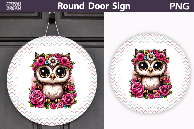 Floral Owl Round Door Sign | Pastel Zigzag Porch Decor