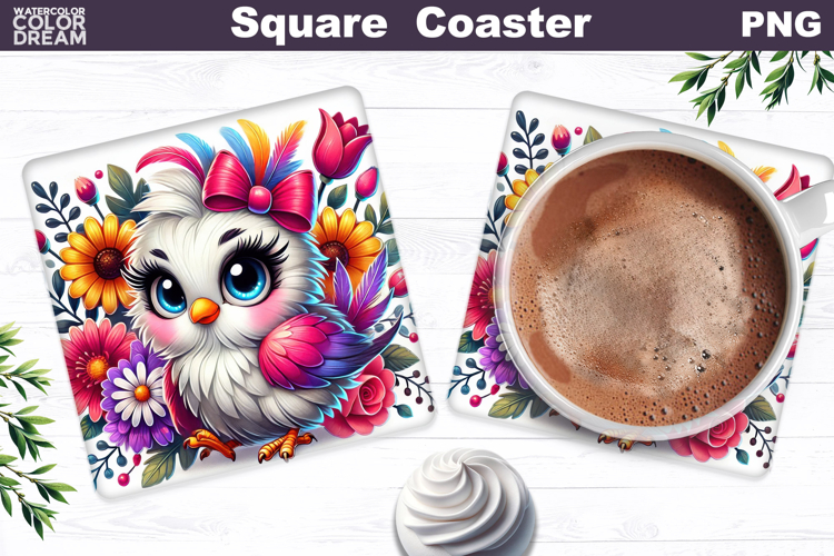 Cute Bird Floral Square Coaster | Funny Bird Sublimation