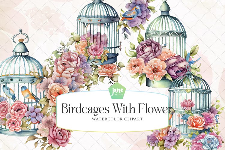 Birdcages With Flowers Watercolor Sublimation Clipart