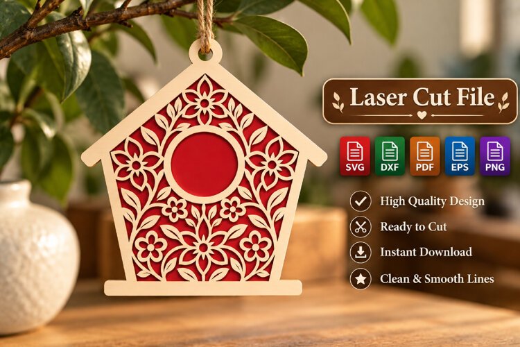 Birdhouse Ornament SVG, Floral Red Laser Cut Wood Sign File example image 1