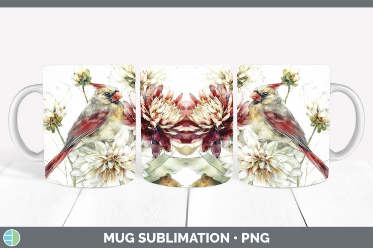 Cardinal Birds 01 Autumn Floral Mug Wrap Sublimation Design