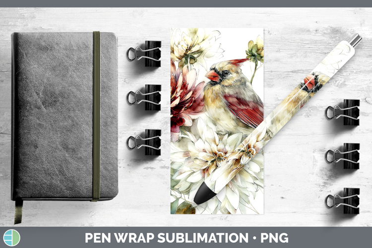 Cardinal Birds 01 Autumn Floral Pen Wrap Sublimation Design