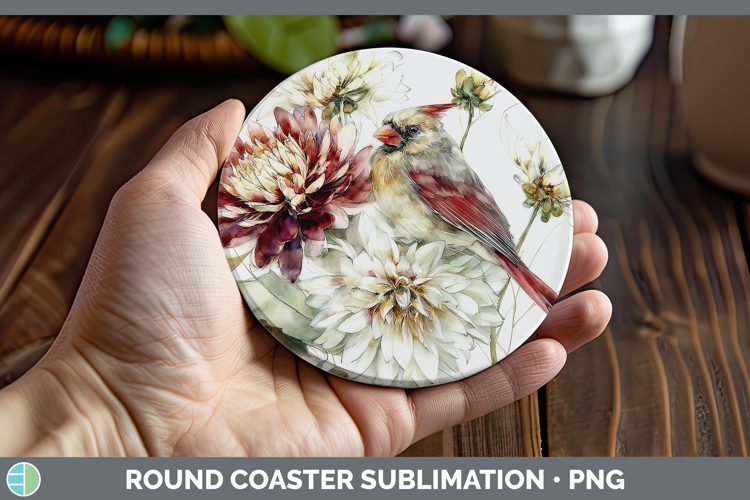 Cardinal Birds 01 Autumn Floral Round Coaster Sublimation De