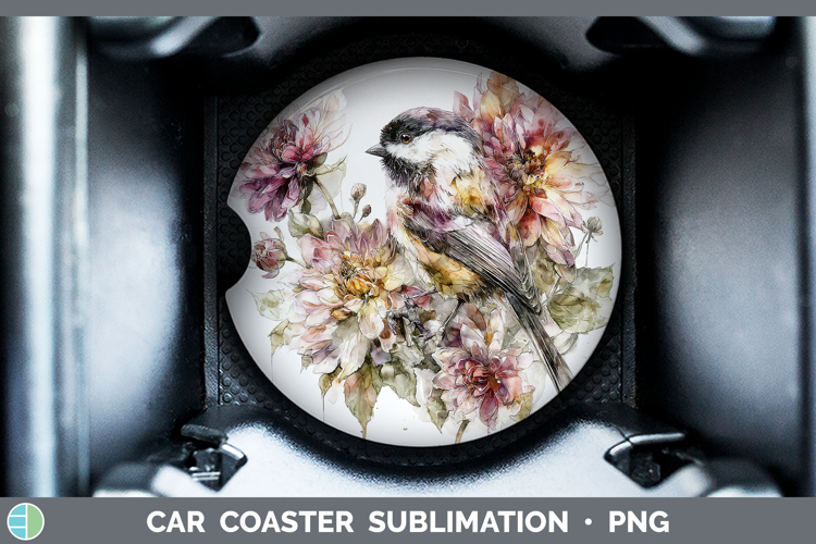 Chickadee Birds 01 Autumn Floral Car Coaster Sublimation Des